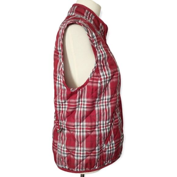 Buffalo Plaid Puffy Vest Quilted Red Pockets Cinched Medium Outdoors Academia - Picture 5 of 16